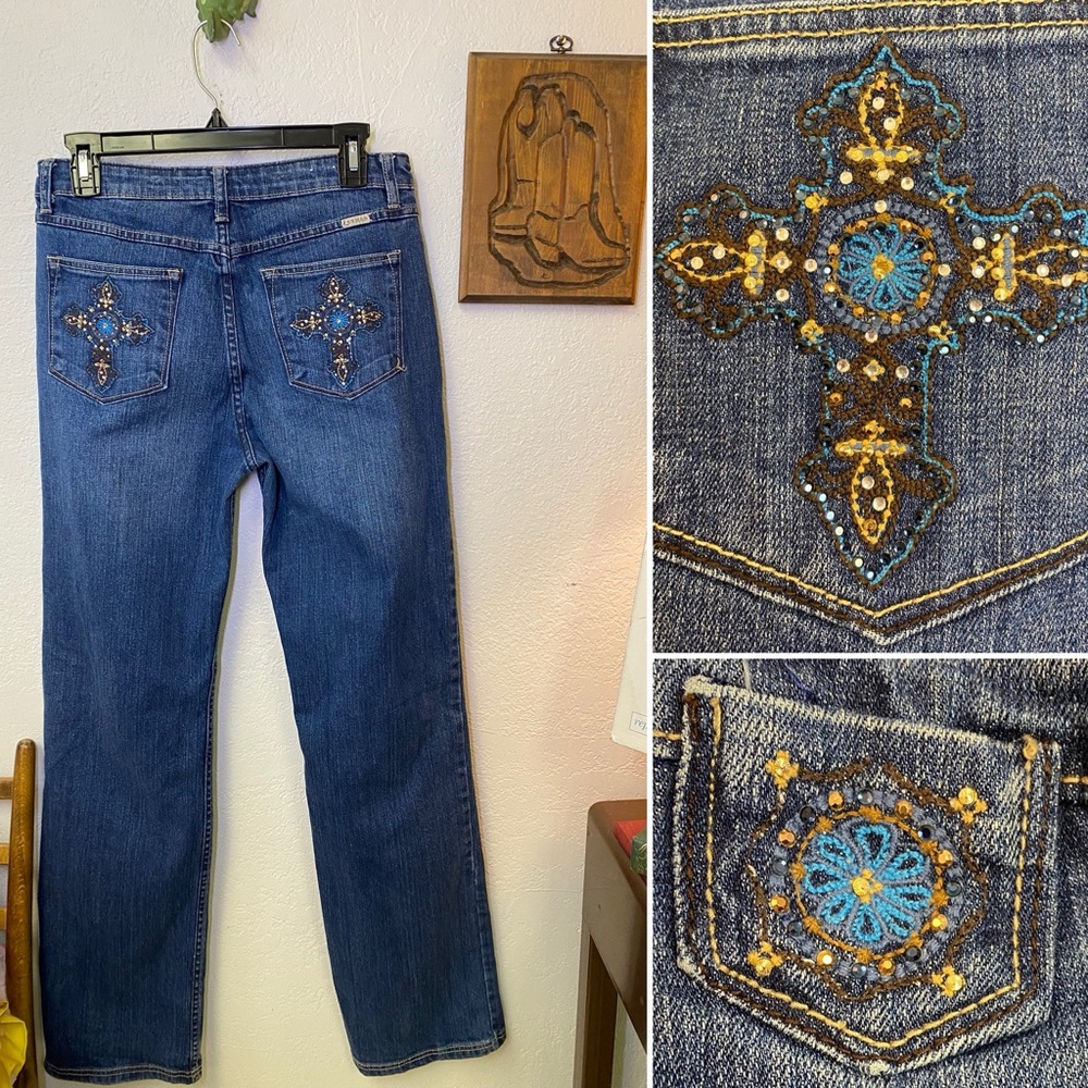 Lawman Western Jeans 9/10 Dark Wash Straight Leg Embroidered Cross Bling Studded